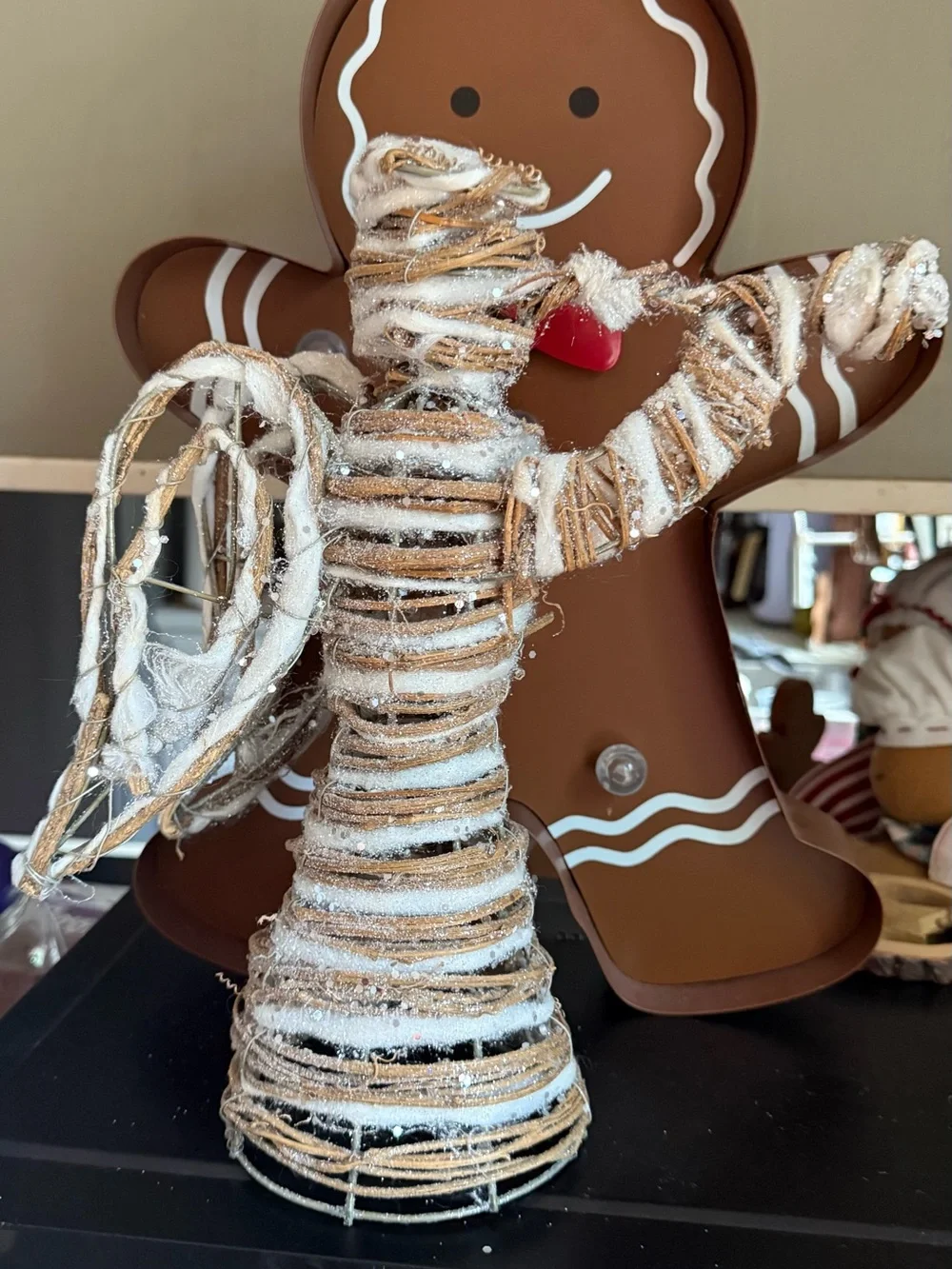 Vintage 1990s Rattan Style Angel Christmas Figurine White Gold Glitter Decor